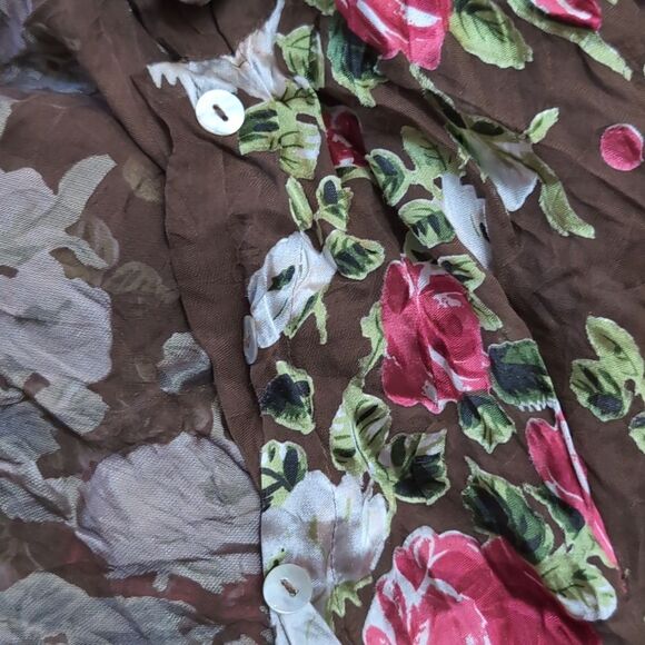 Stunning Rare Find Designer silk blend Sheer Floral Rose Mocha brown Shirt Small - Picture 9 of 17